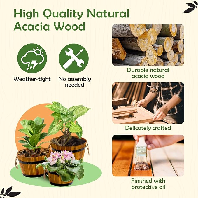 Set of 3 Wooden Flower Boxes Outdoor, Durable Acacia Wood Barrel Planters for Outdoor Plants with Ergonomic Handles, Drainage Holes, Multiple Sizes Wood Bucket Planter for Home Décor