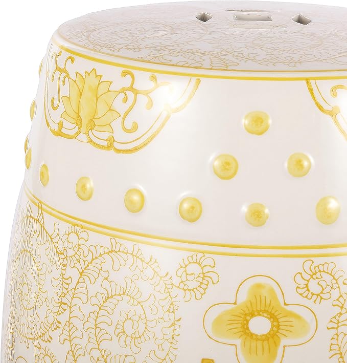 JONATHAN Y TBL1013B Double Happiness 18" Chinoiserie Ceramic Drum Indoor/Outdoor Garden Stool Bohemian, Coastal, Classic, Cottage,Traditional, Patio, Garden, Bathroom, Living Room, Yellow/White