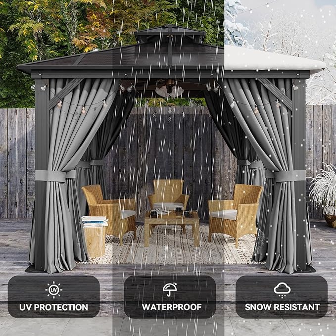 Aoxun 10'x10' Hardtop Gazebo, Outdoor Polycarbonate Double Top Canopy, Aluminum Frame Gazebo with Netting and Curtains, Sunshade for Patios, Gardens, Lawns, Gray
