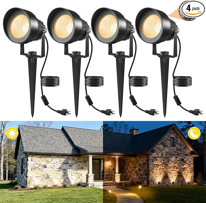 Landscape Spot Lights Outdoor, Dusk to Dawn Outdoor Lighting with IP65 Waterproof, 3000K Warm White Plug in Spotlight for Yard Tree Wall Pathway Flag Pole House, 4 Pack