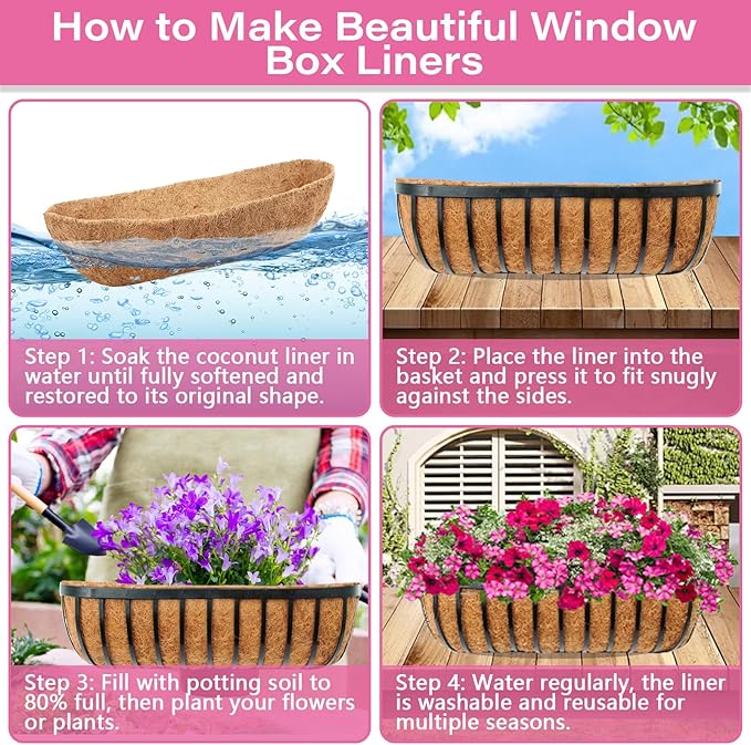 Legigo 4 Pack 24 Inch Natural Trough Coco Liner for Planters- Window Box Liners Coconut Basket Liners, Planter Box Coconut Liner for Window Flower Box Pots, Fence Trough Planter, Wall Planter Basket