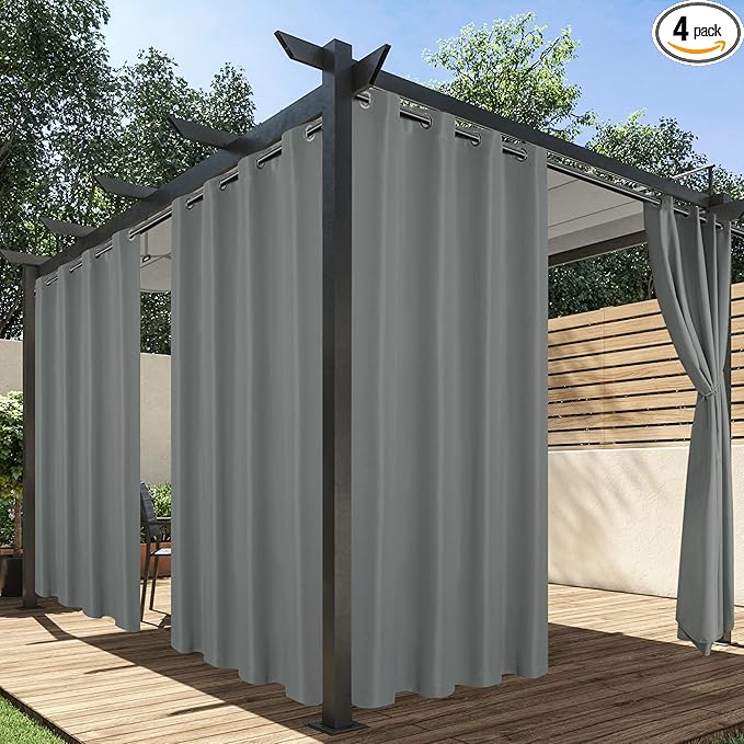 HolidayIdeas Outdoor Curtains for Patio Waterproof, 4 Panels - 54 x 108 Inch - Privacy Protection & Light Filtering Curtains Grey Grommet Outside Curtains for Porch, Gazebo, Pergola, Backyard