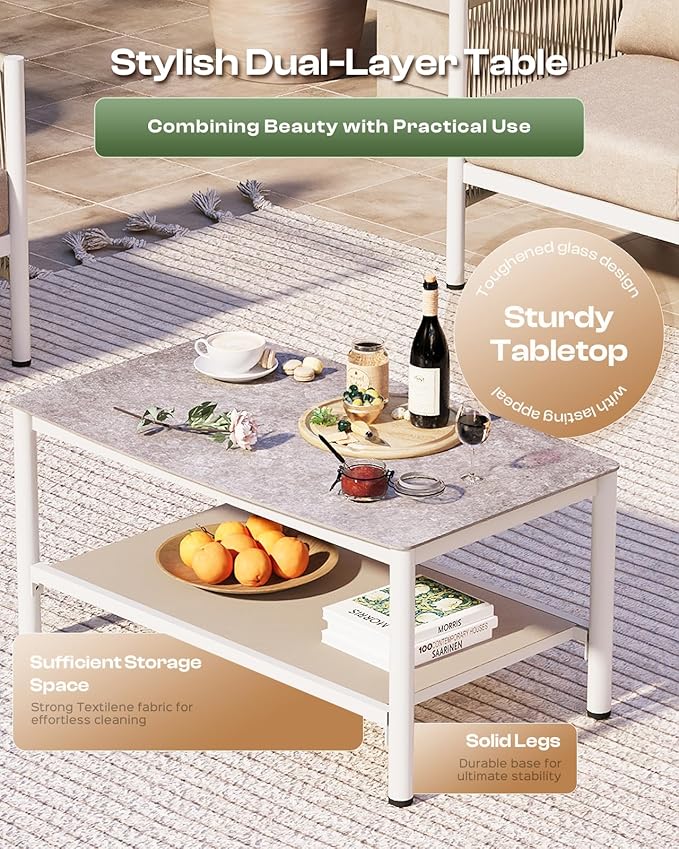 Aluminum Outdoor Patio Furniture Set with Dual-Layer Coffee Table, 4 Piece Modern Patio Conversation Sets with PE Rope, Outdoor Sectional Sofa with Thick Cushions for Balcony, Deck, Ivory