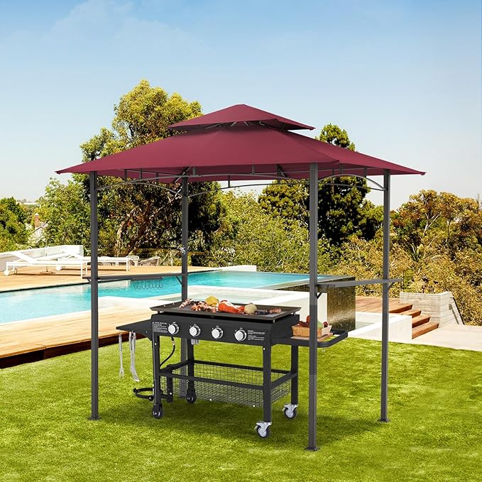 AECOJOY 8' x 5' Grill Gazebo, Grill Canopy for Outdoor Grill, 2- Tier BBQ Gazebo Shelter for Patio, Backyard and More (Wine Red)