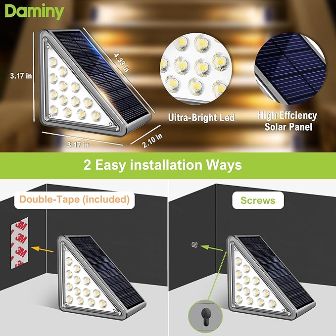 DAMINY Solar Step Light for Outside,2CCT(Warm & Cool),2 Lighting Modes, Stair Light Outdoor Waterproof IP65,Solar Deck Light for Steps,Stairs,Deck,Yard,Patio,Porch and Front Door,6 Pack