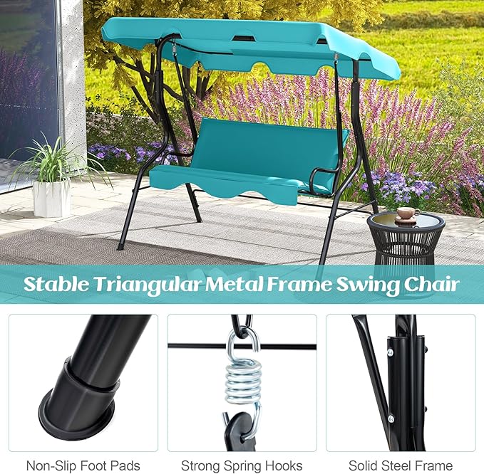 Tangkula 3 Person Porch Swing, Patio with Removable Cushion & Powder-Coated Steel Frame, Outdoor Swing with Canopy for Porch, Backyard, Garden, Balcony (Turquoise)