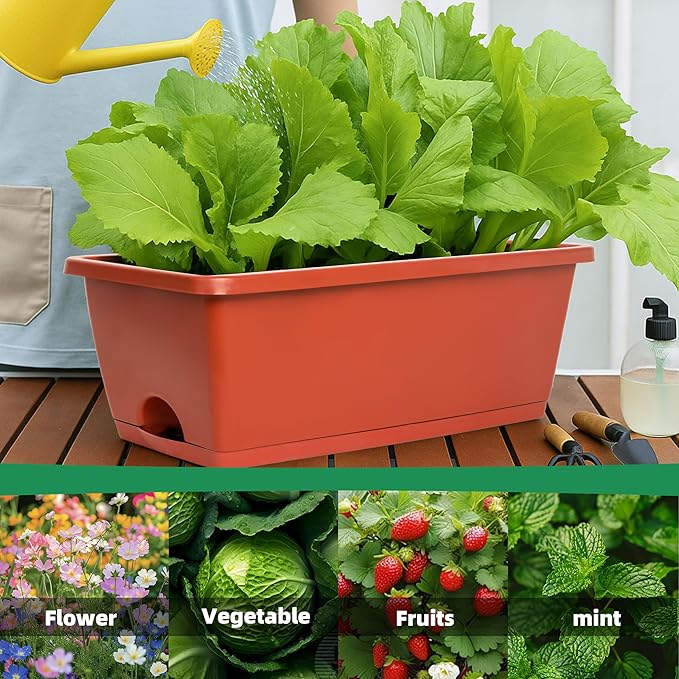 Window Box Planter, 12 Pack Plastic Vegetable Flower Planters Boxes 17 Inches Rectangular Flower Pots with Saucers for Indoor Outdoor Garden, Patio, Home Decor (Brick RED) (Brick RED)
