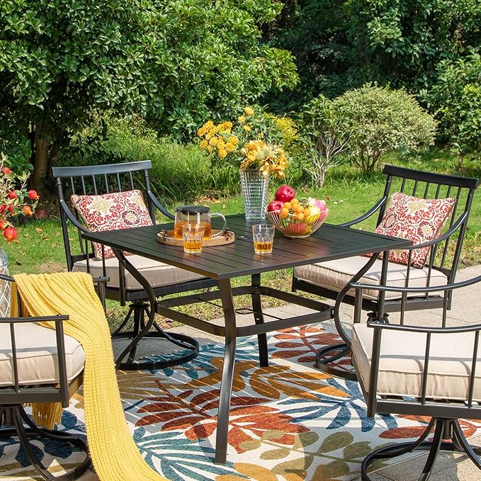 PHI VILLA 37" Patio Table for 4, Metal Outdoor Dining Table with E-Coating, Square Steel Slated Outdoor Table with 1.57" Umbrella Hole for Garden Backyard, Black