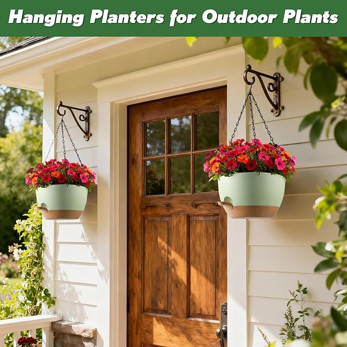 3-Piece Set of 10-Inch Hanging Planters with Automatic Watering System and Drip Tray, Includes Metal Chain, Suitable for Various Indoor and Outdoor Plants and Flowers, Green Brown