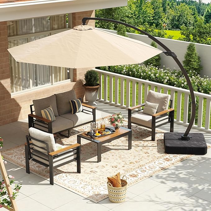 Aoxun Aluminum Patio Furniture Set with Umbrella 4 Seats, Oversized Outdoor Sectional with Washable Thick Cushions, Coffee Table and Waterproof Cover, Patio Conversation Sets for Porch, Balcony, Deck