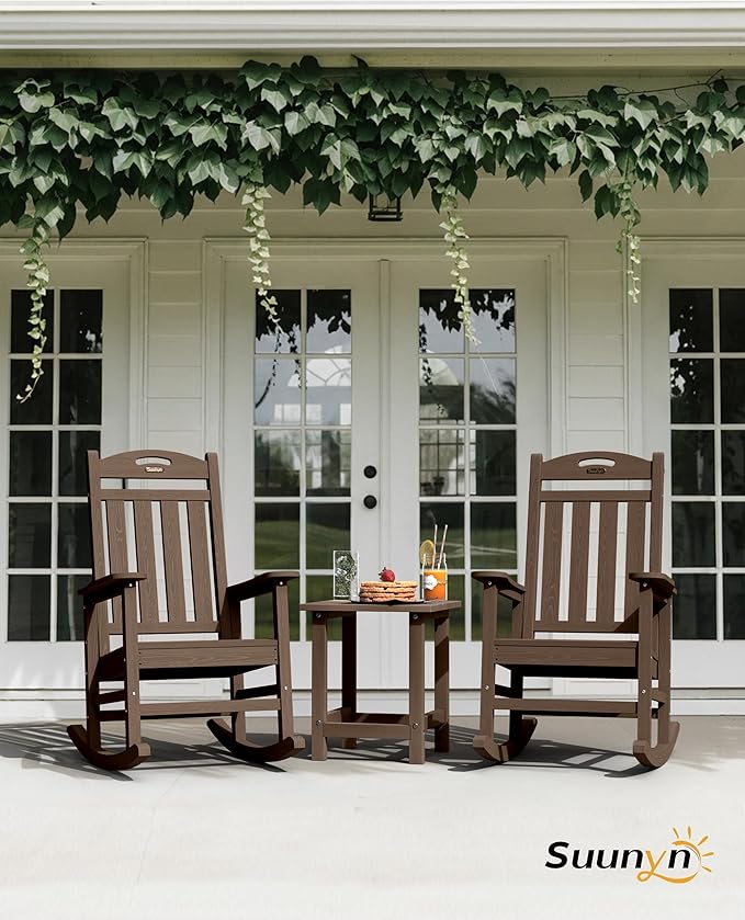 Oversized Outdoor Rocking Chair, HDPE All Weather Resistant Rocking Chairs for Patio, High Back Porch Rocker Chair, 380lbs Weight Capacity, Brown