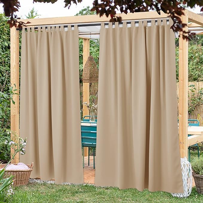NICETOWN 2 Panels Patio Outdoor Curtainss 95 inch Long Waterproof for Exterior Space, Home Fashion Thermal Insulated with Detachable Tab Top Room Darkening Drapes for Cabana, 84" W, Biscotti Beige