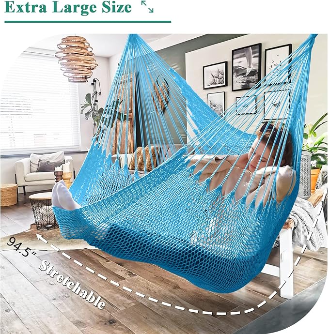 Upgraded Caribbean Hammock Chair with Detachable Metal Bar, Large Hammock Swing Chair, XL Rope Hanging Chair for Outdoor Indoor, 330 LBS Weight Capacity, DeepSkyBlue