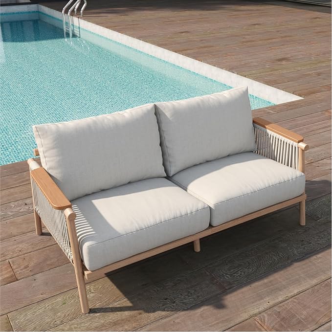 Acanva Modern All-Weather Aluminum Outdoor Patio Sofa with Thick Cushions, Olefin Fabric Sunroom Backyard Furniture, Loveseat Light Khaki