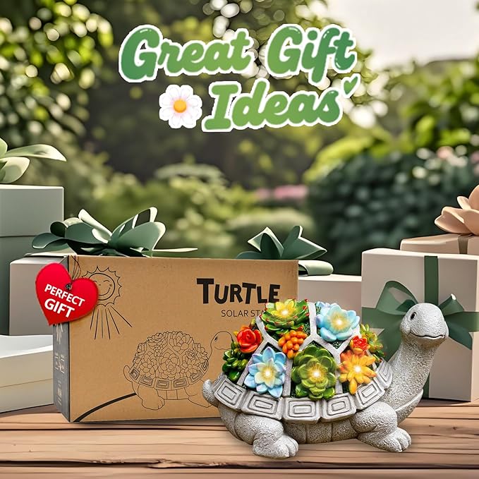 Nacome Solar Garden Outdoor Statues Turtle with Succulent and 7 LED Lights - Lawn Decor Tortoise Statue for Patio, Balcony, Yard Ornament - Chrismtas Gifts for Mom Grandma