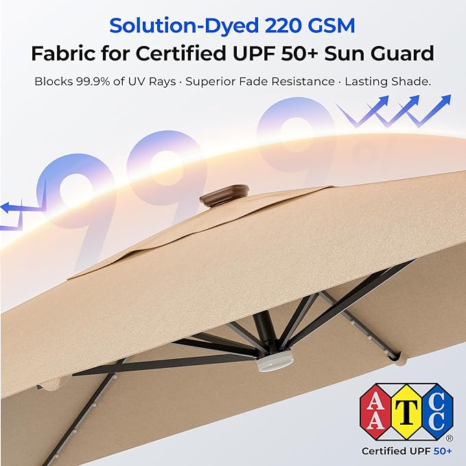 HOMSHADE 10 ft Square Cantilever Patio Umbrella with Base Included, Solar Lights Large Umbrella Outdoor Patio with 360°Rotation&Tilting, LED Lighted Offset Umbrellas w/Stand for Pool Deck