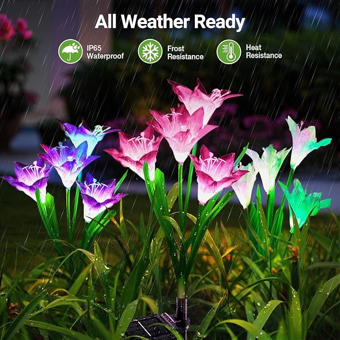 WdtPro Solar Outdoor Lights Garden Decorative 10 Pack, Waterproof Solar Garden Lights with 40 Lily Flowers, Multi-Color Changing Outdoor Solar Lights for Yard Outside Decorations