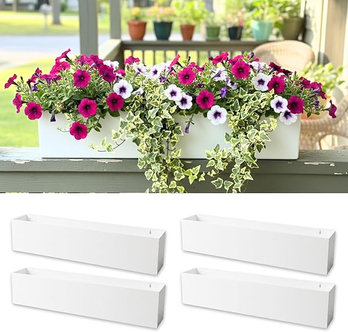 LaLaGreen Wall Planter (30 Inch, 4 Pack) White Carbon Steel Metal Hanging Flower Pots, Long Rectangular Wall Mount Window Box Planters for Outdoor Plants, Succulents, Fence, Deck Home Garden Decor