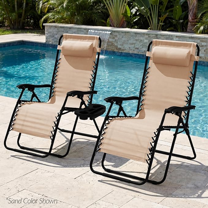 Best Choice Products Set of 2 Extra Wide Adjustable Steel Mesh Zero Gravity Lounge Chair Recliners w/Pillows and Cup Holder Trays - Tan Stripes