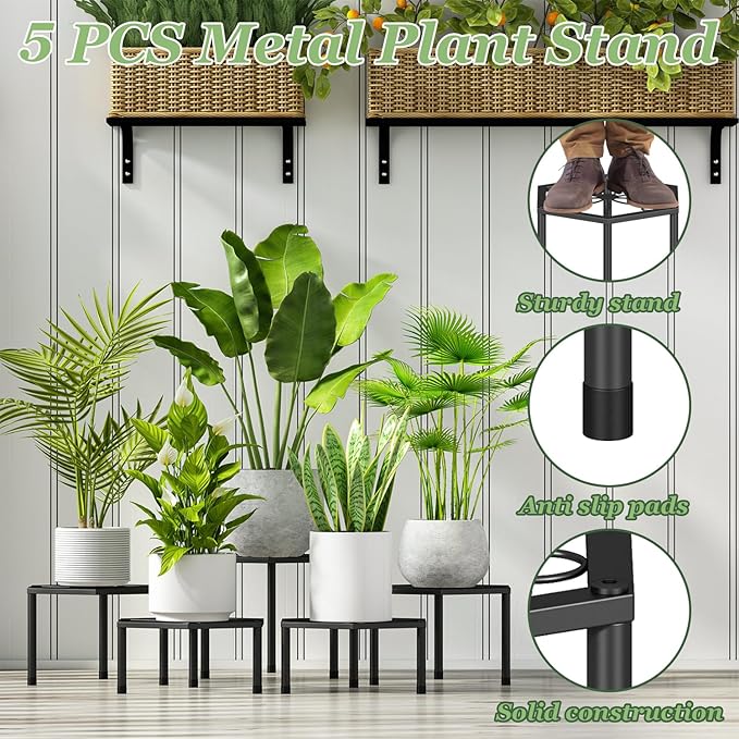 5-Pack Metal Plant Stands, Anti-Rust Iron Flower Pot Stand Plant Pot Shelf for Multiple Plant Decoration Racks for Home Patio Garden Outdoor Indoor