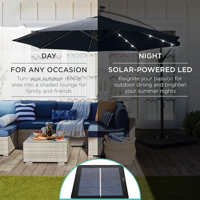 Best Choice Products 10ft Solar LED Offset Cantilever Hanging Market Patio Umbrella, 8 Sturdy Ribs, Easy Adjustment - Slate