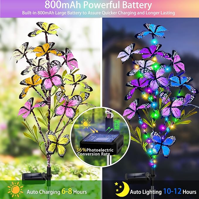 Solar Garden Lights Outdoor Waterproof, 6 Pack Solar Butterfly Lights with 60 LED 12 Butterfly Colorful Lighting for Garden Yard Lawn Outdoor Decor, Gift for Mom Women Mother's Day