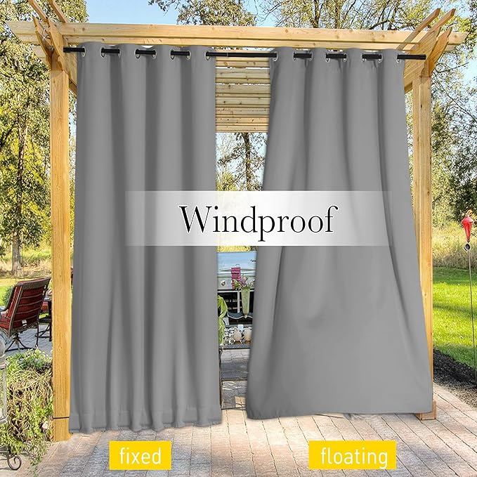 NICETOWN 2 Panels Weighted Blackout Curtains with Grommet & Back Tab on top and Bottom for Patio Waterproof, Windproof Privacy Outdoor Dividers for Cabana with Fixed Rope, W52 x L95, Silver Grey
