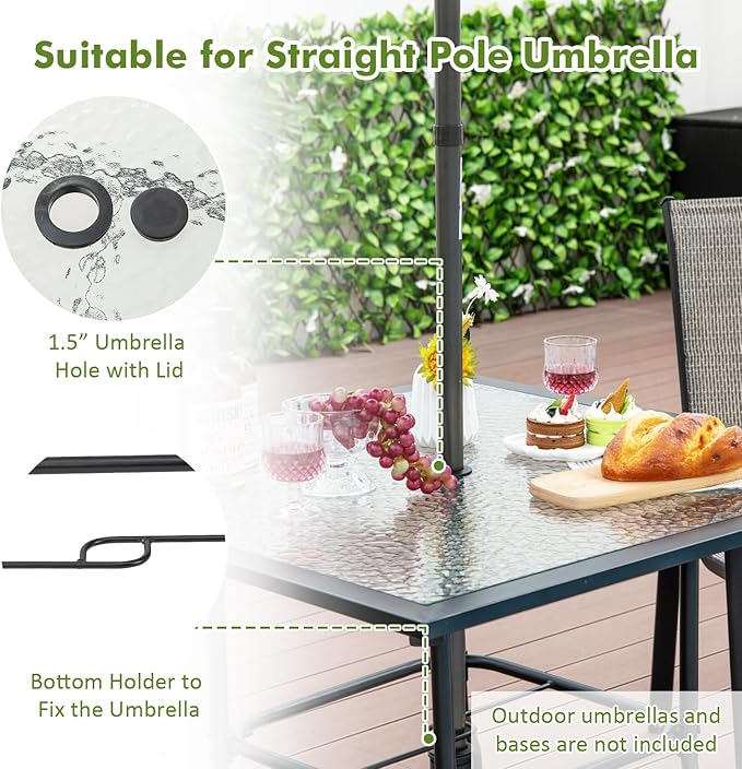 Tangkula 35 Inch Patio Dining Table with Tempered Glass Top, Square 4-Person Outdoor Bistro Table with 1.5" Umbrella Hole & Sturdy Metal Frame, Patio Dining Table for Backyard, Lawn, Deck & Poolside