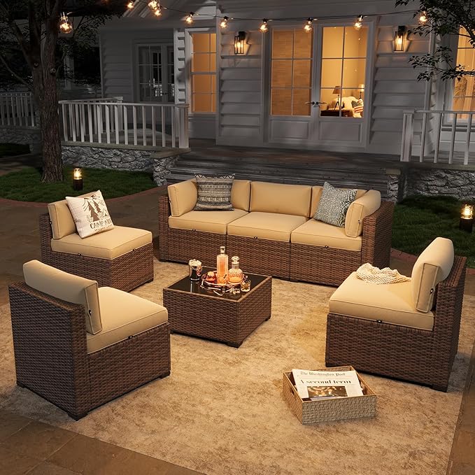 Aoxun Patio Furniture Sets, 7-Piece Outdoor Patio Furniture with Thick Cushions, Wicker Outdoor Conversation Set Sectional Sofa for Backyard, Poolside, Garden(Cream-Browm, 7 x 25.6 - Seats)