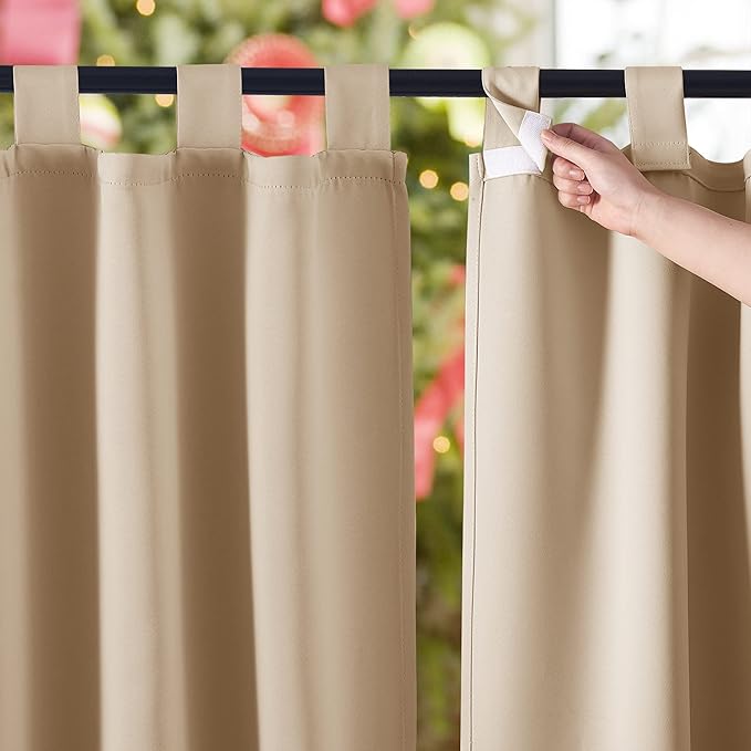 NICETOWN 2 Pieces Outdoor Curtainss Waterproof for Patio Clearance, Room Darkening Sticky Tab Top Thick Light Block Thermal Insulated Outdoor Drapes for Front Porch, Biscotti Beige, W52 by L95