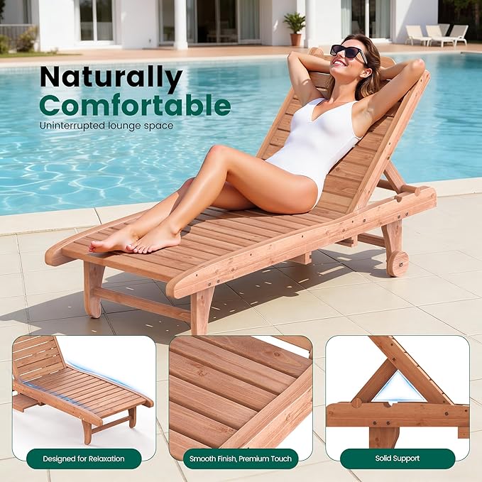Wooden Chaise Lounge Chair, 3-Position Adjustable Outdoor Tanning Chair with Hidden Side Tray & Wheels, Poolside Patio Sun Chair