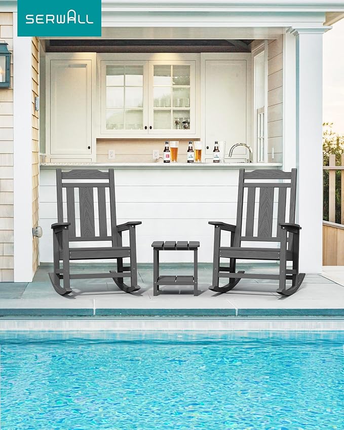SERWALL Oversized Rocking Chair Set of 2 Outdoor, HDPE Outdoor Rocking Chair Set of 2, Grey