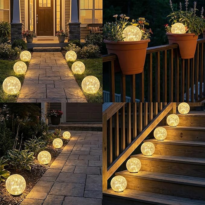 Solar Garden Lights Outdoor Waterproof, 6 Pack LEDs Cracked Glass Ball Light, Ground Landscape Garden Decor, Solar Globe Decorative for Pathway/Patio/Lawn/Yard, 3.9"