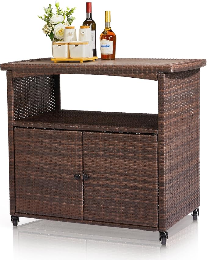 VINGLI Wicker Outdoor Bar Cart with Storage & Rolling Wheels, Patio Bar Table w/Shelf, Outdoor Storage Cabinet Buffet Cabinet Grill Cart for BBQ Pool Patio Kitchen, Brown