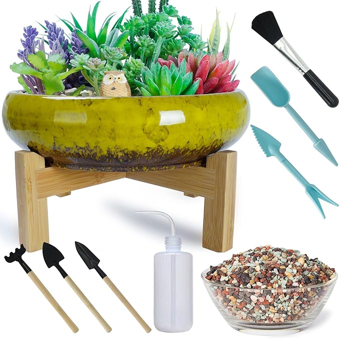ARTKETTY Ceramic Succulent Planter, 10 inch with Stand, 2.2lb Lava Rock Pebbles, Planting Tools - Indoor Plants Planter, Yellow