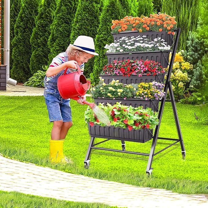 SEJOV 2 Pack Vertical Raised Garden Bed, 5-Tier Vertical Garden Planter with Drainage System, Larger Elevated Planter Box for Herbs Vegetables Flowers Indoor Outdoor (Black with Lockable Wheels