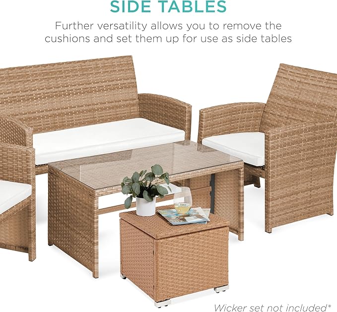 Best Choice Products Set of 2 Wicker Ottomans, Multipurpose Outdoor Furniture for Patio, Backyard, Additional Seating, Footrest, Side Table w/Storage, Removable Cushions - Natural/Ivory