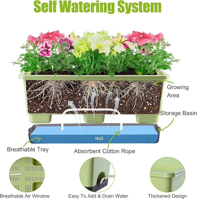 Window Box Planter 8 Pcs, 17 Inches Rectangle Flower Pots with Drainage Holes & Trays, Vegetable Planters for Windowsill Patio Garden Balcony Home Indoor Outdoor (Light Green, 16 * 7 * 6 inch)