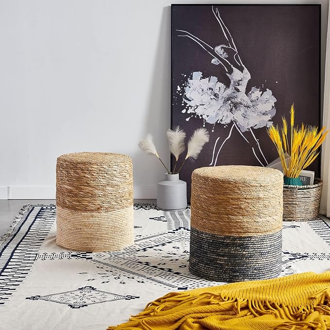 Wimarsbon Round Pouf Ottomans, Handwoven Natural Water Hyacinth Seagrass Pouffe,Outdoor Rattan Stool Accent Seat, Bohemian Coastal Home Decor (2pcs 14inch Natural Cattail-Blue)