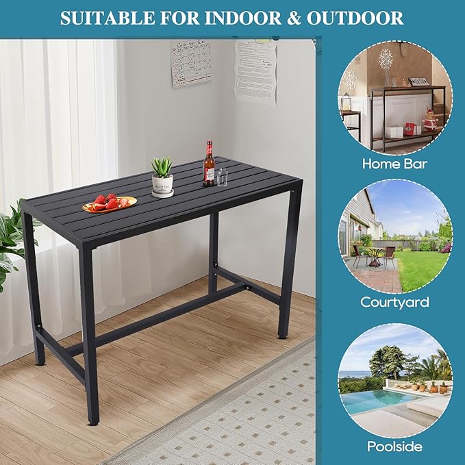 Outdoor Bar Table, Patio Console Pub Height Tables with Powder Coated Steel Frame, Weather Resistant Waterproof Top for Hot Tub, Balcony, Garden, Yard, Poolside (47" Wide Bar Table, Black)