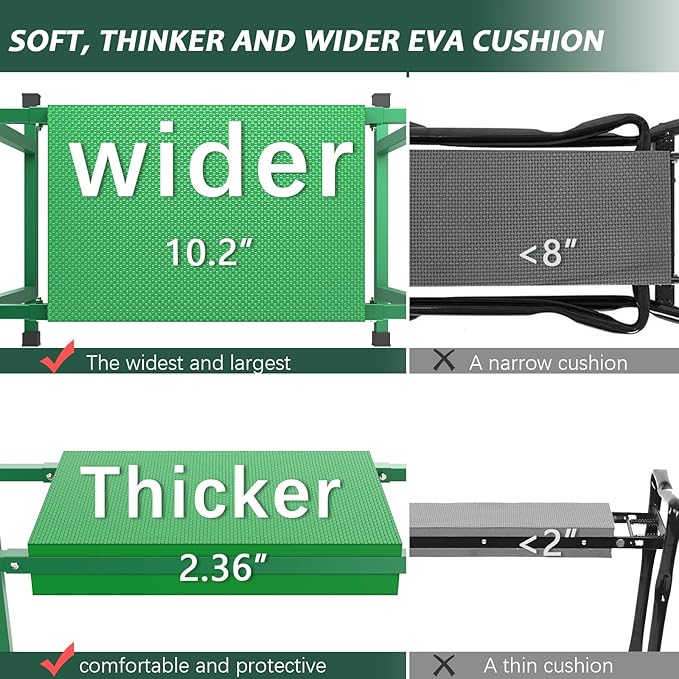 FLINTER Garden Kneelers Seat, Stable and Save Tip-Resistant Design 10.2" Wider Garden Kneeler and Seat with Handle, Heavy Duty Gardening Stool for Seniors, Gardening Weeding Bench for Parents - Green