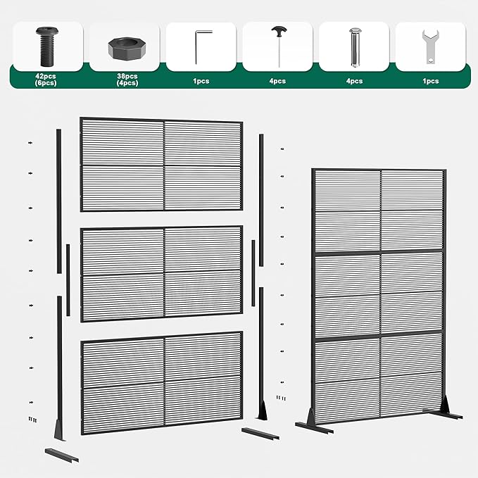 Casaphoria Metal Privacy Screen Outdoor, 72" H x 47" W Freestanding Decorative Privacy Screen for Patio Deck Balcony Garden with Stable Base, Black-Cross Stripe