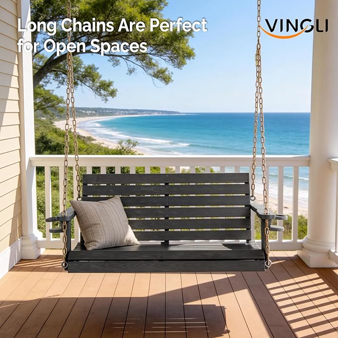 VINGLI Heavy Duty 1600 LBS HDPE Porch Swing Outdoor with Rotatable Cup Holder, 4 FT Patio Bench Swing with Adjustable Chains, 2 Person Hanging Porch Swing Chair for Porch, Yard, Tree, Garden - Grey
