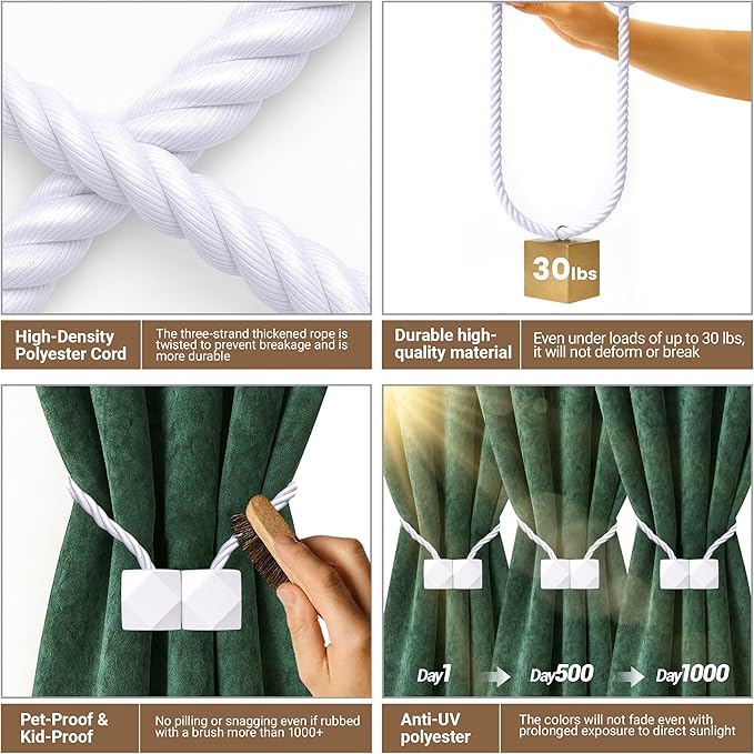 Hion Magnetic Curtain Tiebacks White 6 Pack, Curtain Tiebacks Buckles Holdbacks Holders Hooks Clip for Home Bedroom Office Decorative Thick or Thin Curtain