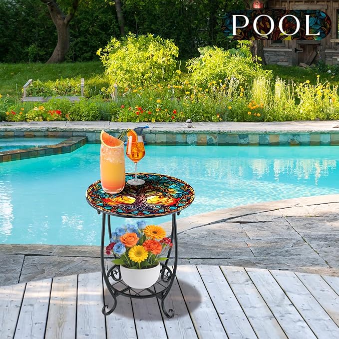 Outdoor Side Table Round Small Mosaic Patio Accent Indoor End Plant Coffee Tea Table for Yard Patio Porch Garden Living Room, Bedroom(Tree of Life Style,12 Inch)