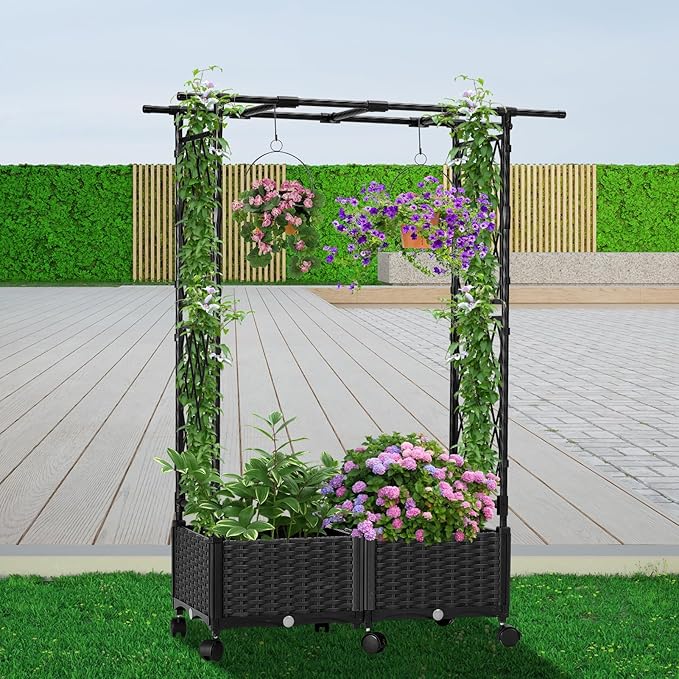 Planter with Trellis Raised Garden Beds, 4.5ft Tall with Screen Indoor Outdoor, Vegetable Flower Privacy Planter Box for Backyard Balcony Patio, Black