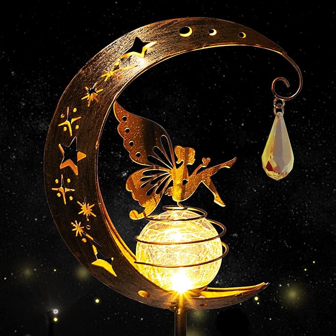 LICKLIP Moon & Fairy Garden Solar Stake Light Outdoor, Crackle Glass Globe With Metal Angle Stake, Waterproof Warm White LED, Decoration for Pathway Lawn Patio Courtyard Backyard (1 Pack)