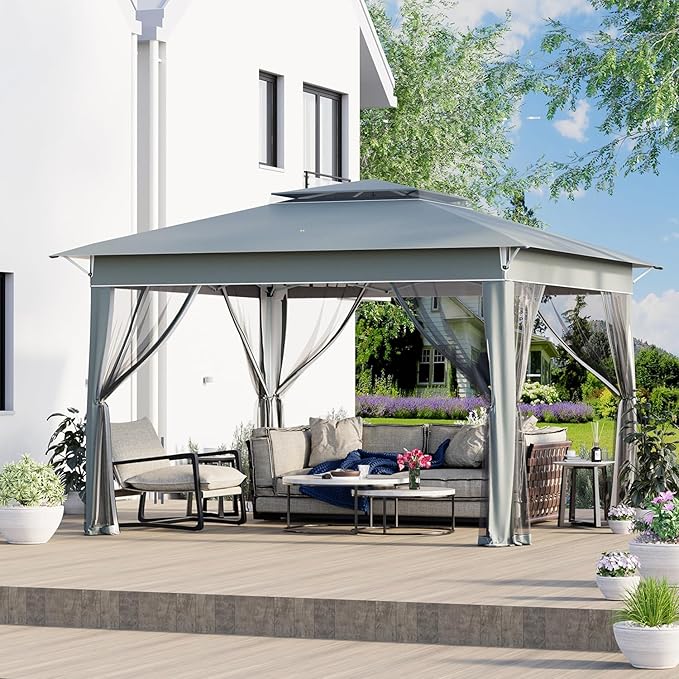 ECOTOUGE 11FT Pop Up Gazebo, Canopy Tent with Mosquito Netting,Instant Shelte Gazebo w/Carrying Roller Bag Waterproof and UV Resistant Canopy Tent for Grill, Garden and Backyard(Dark Grey)