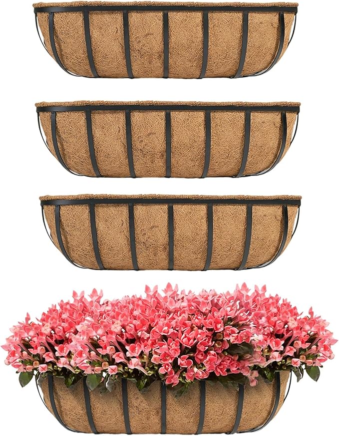 hehimhis Balcony Planters Railing Hanging 24inch 4 Pack Window Planter Box with Adjustable Bracket with Coco Liner for Porch Fence Patio Hanging Planters for Garden Outdoor Boxes