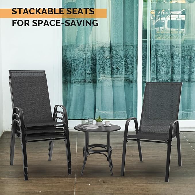 VINGLI Patio Chairs Set of 8 – Stackable Outdoor Dining Chairs with Comfortable Sling High Back Chairs and Armrests for Lawn, Poolside, Courtyard, Balcony, Garden, Black